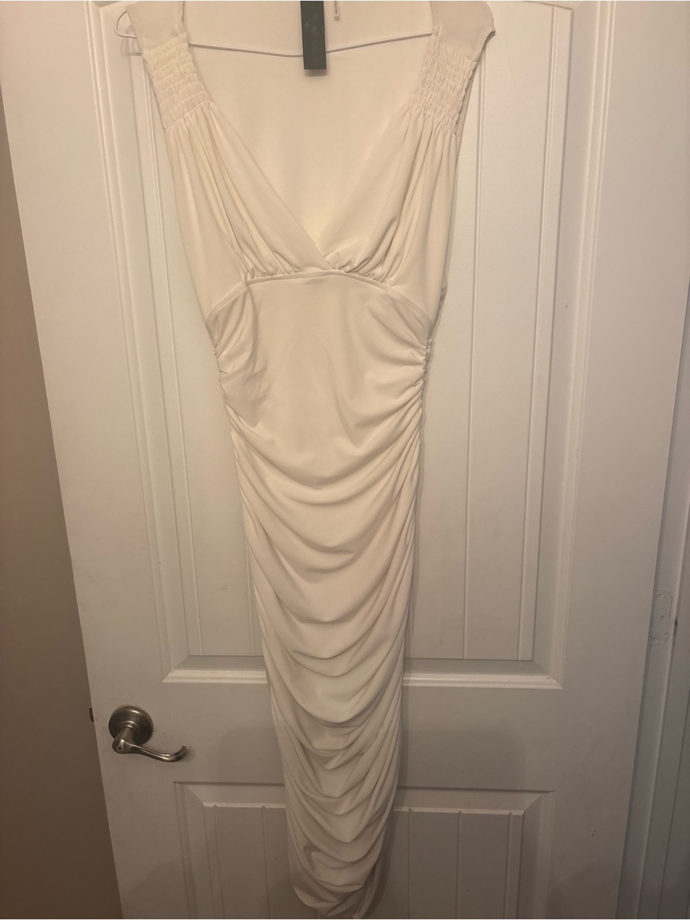 Norma Kamali Cream Ruched V-Neck Maxi Dress
